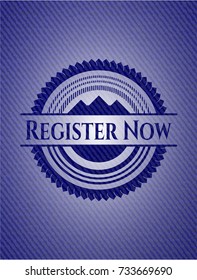Register Now emblem with denim high quality background