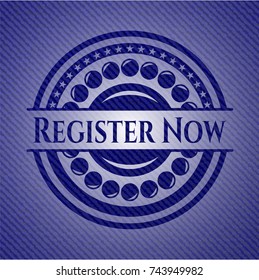 Register Now emblem with denim texture