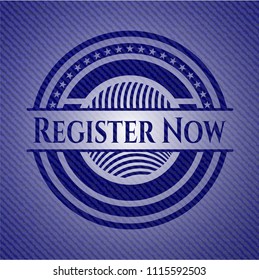  Register Now emblem with jean background