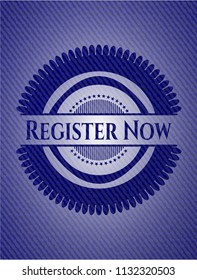 Register Now emblem with jean background