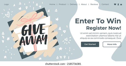 Register now, enter to win. Take part in giveaway contest for subscribers and followers. Product delivery and reviews. Website landing page template, online internet web. Vector in flat style