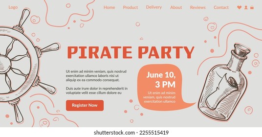 Register now to get on pirate party, invitation for guests on holiday and rest. Contact us for more information on summer event. Website landing page template, online site. Vector in flat style