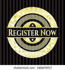 Register Now gold emblem or badge. Vector Illustration. Detailed.