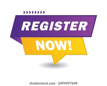 register now label banner vector design yellow purple isolated white background