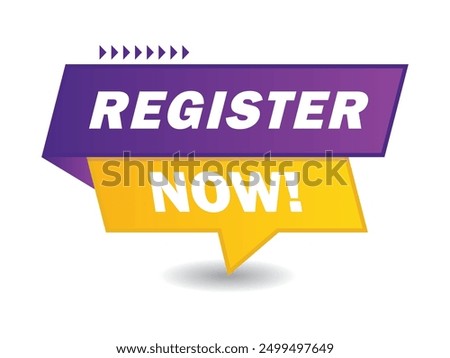 register now label banner vector design yellow purple isolated white background