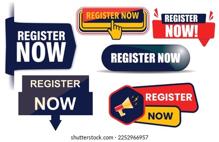 Register now label in modern style, Register now tag, Register now banner with megaphone speaker, Register now an icon in flat style registration vector