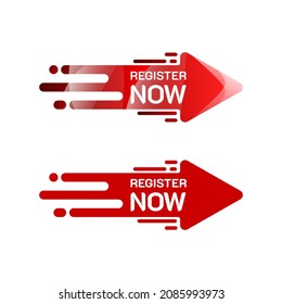 Register Now Label on Gradient Red Arrow. Tag, stamp, sign, sticker, symbol, or badge vector illustration. Premium and luxury template