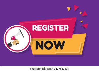 register now Label. Origami style banner with megaphone. Vector illustration. modern sticker with shadow
