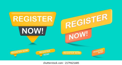 Register now label set isolated on azure background. Register now speech bubble collection. Registration icon, sticker, logo, badge, banner design template