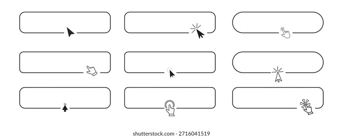 Registrieren Sie jetzt Zeilenrahmen Rahmen mit Pfeil, Mauszeiger, Set Button hier klicken, Aktion für Web, einfache ui ux design element. Drücken Sie, Suchfeld.