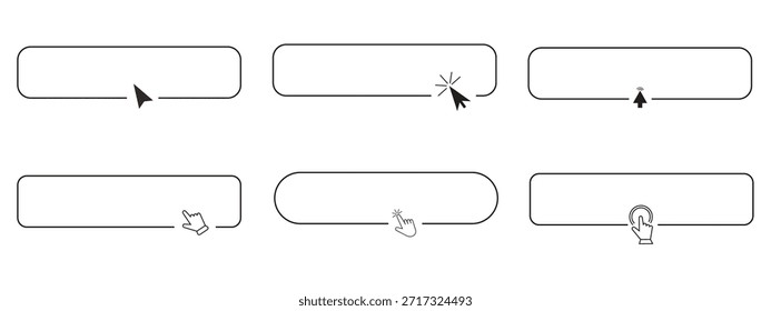 Borde de marco de línea con flecha, puntero del mouse, Hacer clic de Botón aquí, acción para el Web, elemento de diseño ui ux simple. Prensa, cuadro de búsqueda.