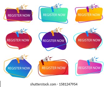 Register now with megaphone. Loudspeaker with title of registration now. Subscribe today tag, logo. Register now banner for book. Online apply registration. poster with megaphone. vector isolated