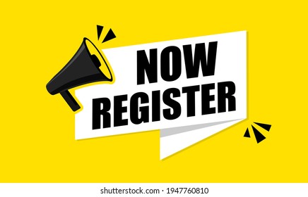 Register now with megaphone vector illustration