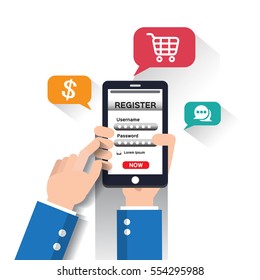 Registrieren Sie sich jetzt Mitgliedschaftsanwendung auf dem Smartphone, Business Concept.