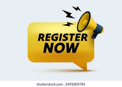 Register now message, megaphone announces news, banner service. Vector illustration