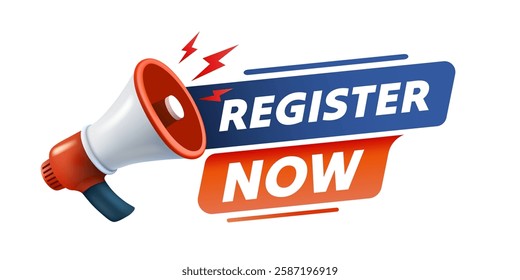 Register now message, megaphone announces news, banner service. Vector illustration
