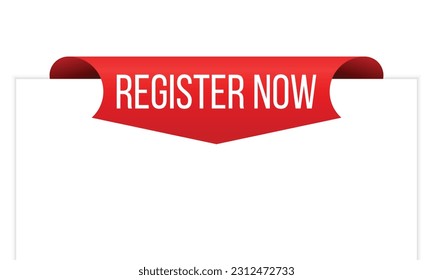 Register now message on ribbon banner. Vector illustration.