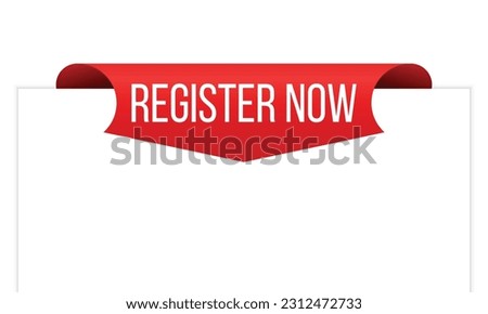 Register now message on ribbon banner. Vector illustration.