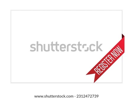 Register now message on ribbon banner. Vector illustration.