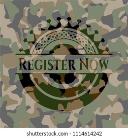 Register Now on camouflaged pattern