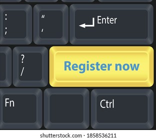 Register now on gold computer key button in black keyboard.