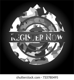 Register Now on grey camouflaged texture