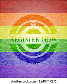 Register Now on mosaic background with the colors of the LGBT flag