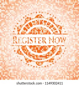 Register Now orange tile background illustration. Square geometric mosaic seamless pattern with emblem inside.