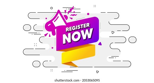 Register now paper banner. Geometric ad banner on flow pattern. Free registration tag. Megaphone message icon. Transition pattern cover. Register now label. Vector
