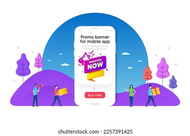 Register now paper banner. Phone ui interface banner. Free registration tag. Megaphone message icon. Mobile smartphone promo banner. Register now tag. Man with gift box. Vector