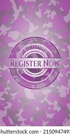Register Now pink and purple on camo pattern. Vector Illustration. Detailed. 