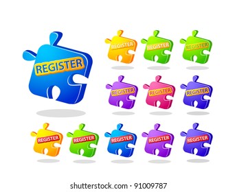 Register Now Puzzle Piece Icon Set. Vector Illustration