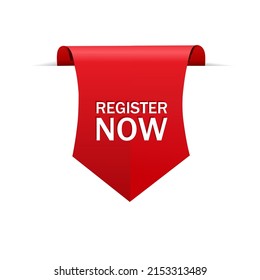 Register now red label. Join now. Register now banner. Flat style vector illustration.