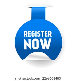 Register now round label design. Vector banner icon for business, advertising. Flat vector.