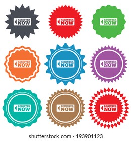 Register now sign icon. Join button symbol. Stars stickers. Certificate emblem labels. Vector