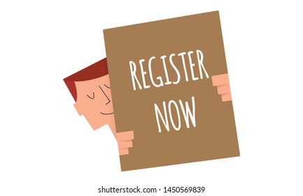 
register now sign on a board vector illustration. Man holding a sign 