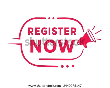 Register now sign, red badge for banner flat style. Vector design template.