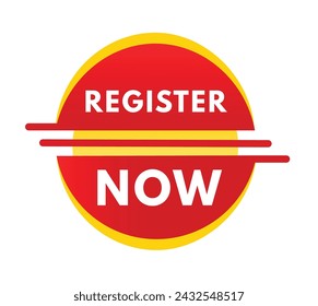 Register now sign, red label banner flat style. Vector design for  advertising, business.