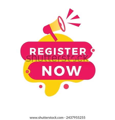 Register now sign, red ribbon for banner flat style. Vector design template.