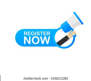 Register now sign. Trendy Web interface or app button. Vector stock illustration.