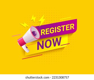 Register now, Social message in dynamic style on halftone bright background with lightnings and megaphone. Free registration, design template for web, banner, poster, social media and post.Vector