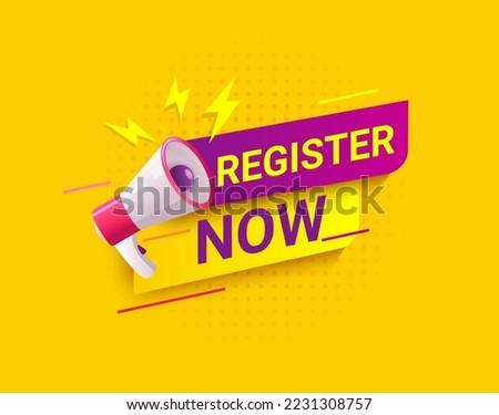 Register now, Social message in dynamic style on halftone bright background with lightnings and megaphone. Free registration, design template for web, banner, poster, social media and post.Vector