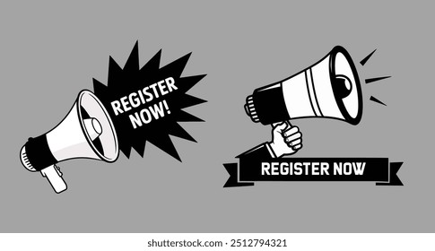 Register Now Speech Label - Speech bubble with megaphone - An ad button with a speaker Vector Illustration