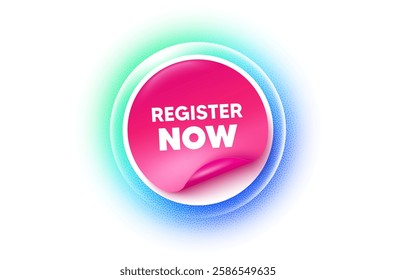 Register now sticker blue gradient. Paper offer price tag. Register now tag. Free registration offer. Create an account message. Sticker label. Grain dots effect. Vector