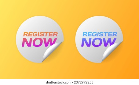 Register now stickers. Flat, color, register now, round stickers, register now. Vector icons