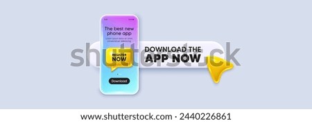 Register now tag. Download the app now. Phone mockup screen. Free registration offer. Create an account message. Phone download app search bar. Register now text message. Vector