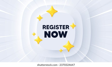Registrieren Sie sich jetzt. Neumorpher Banner mit Sonnenbrand. Kostenloses Anmeldeangebot. Erstellen Sie eine Account-Nachricht. Melden Sie sich jetzt an. Banner mit 3D-Sternen. Zirkuläre pneumorphische Vorlage. Vektorgrafik