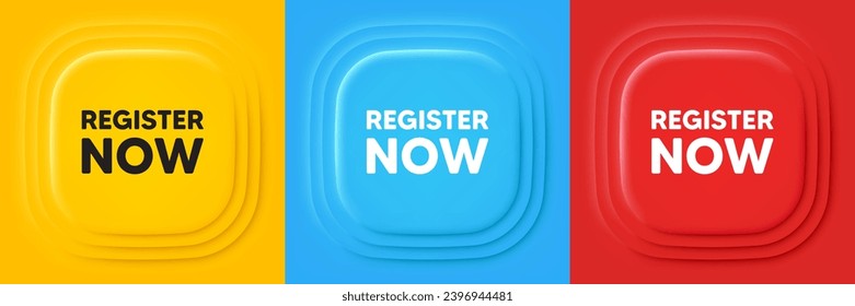 Registrarse ahora. Banners de oferta neumórfica. Oferta gratuita de registro. Crear un mensaje de cuenta. Inscríbase ahora en el fondo del podio. infografía del producto. Vector