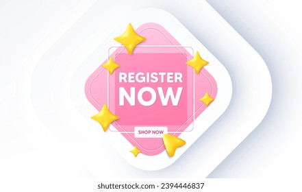 Registrarse ahora. Banner de promoción neumórfica. Oferta gratuita de registro. Crear un mensaje de cuenta. Registrar ahora mensaje. 3d estrellas con puntero de cursor. Vector