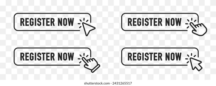 Register now tag. Registration now buttons set. Vector button for registration in services, blogs, websites. Register now chat speech message. Banner promotion. Free registration offer. Vector
